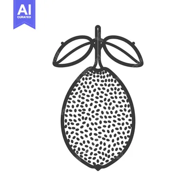 Aset desain premium: Black and white line drawing of a lemon with leaves