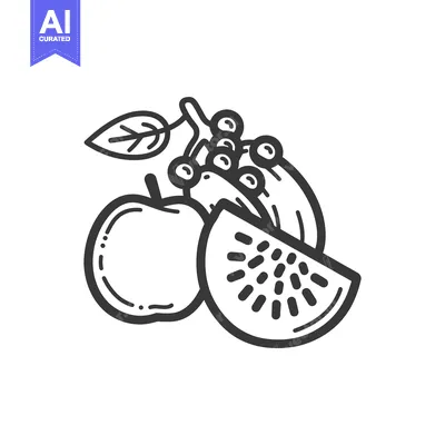 Aset premium populer: Black and White Line Drawing of an Apple, Watermelon Slice, and Berrie