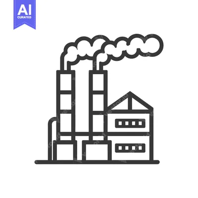 Premium design asset: Black and White Line Drawing of an Industrial Factory with Smoke Stack