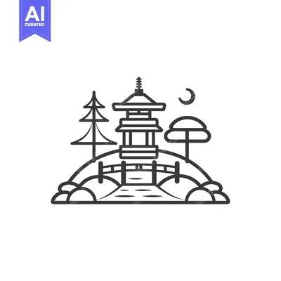 Aset premium populer: Black and White Line Drawing of a Pagoda, Bridge, and Trees