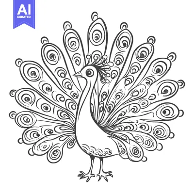 Premium design asset: Black and White Line Drawing of a Peacock with Feathers Spread Out