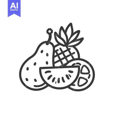 Aset desain premium: Black and white line drawing of a pear, pineapple, kiwi, and orange sl