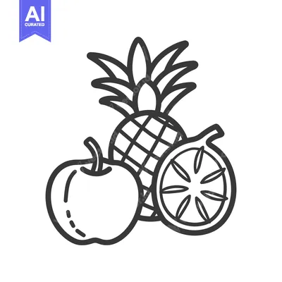 Aset desain premium: Black and White Line Drawing of a Pineapple, Apple, and Orange Slice