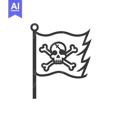 Premium design asset: Black and White Line Drawing of a Pirate Flag with a Skull and Crossbo