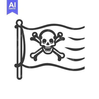 Premium design asset: Black and White Line Drawing of a Pirate Flag with a Skull and Crossbo