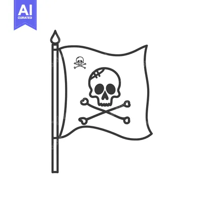 Black and White Line Drawing of a Pirate Flag with Skull and Crossbone
