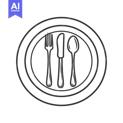 Aset desain premium: Black and white line drawing of a plate, fork, knife and spoon