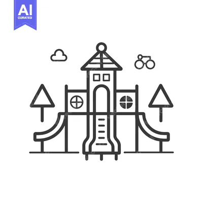 Aset desain premium: Black and White Line Drawing of a Playground with a Tower, Slides, and