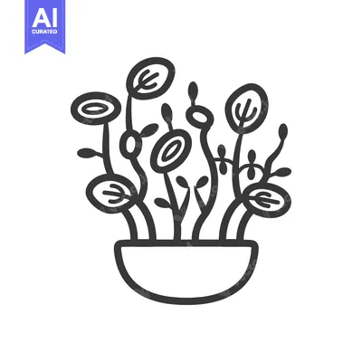 Premium design asset: Black and White Line Drawing of a Potted Plant with Abstract Flowers