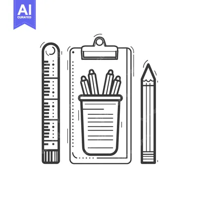Aset premium populer: Black and White Line Drawing of a Ruler, Clipboard, and Pencil