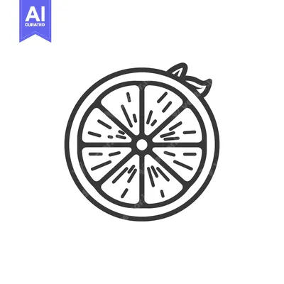 Premium design asset: Black and White Line Drawing of a Single Orange Slice with a Leaf