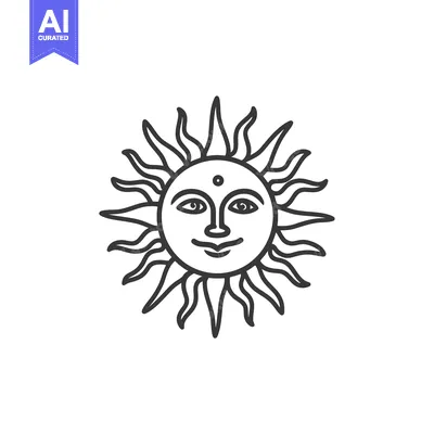 Aset premium populer: Black and White Line Drawing of a Smiling Sun with a Dot on its Forehe