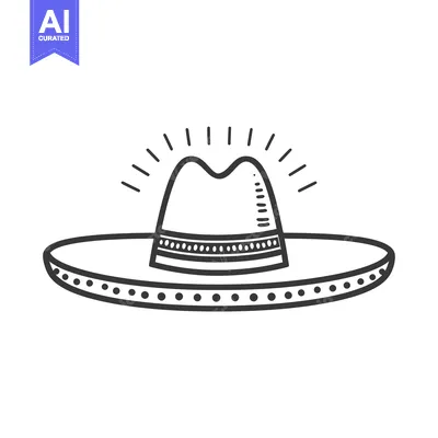 Aset premium populer: Black and white line drawing of a sombrero hat with a sunburst above i