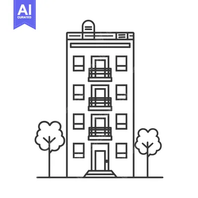 Popular premium asset: Black and White Line Drawing of a Three-Story Building with Two Trees