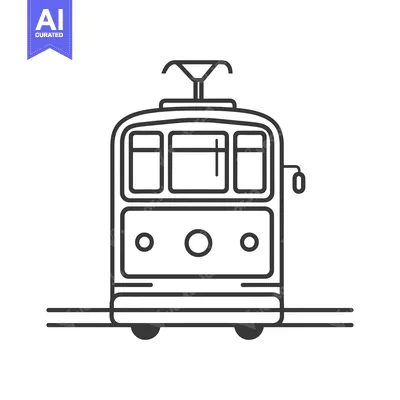 Aset desain premium: Black and white line drawing of a tram on tracks