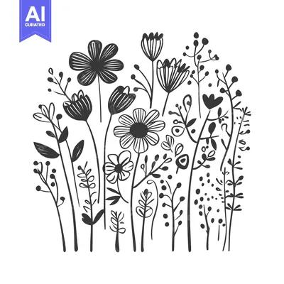 Aset desain premium: Black and White Line Drawing of a Wildflower Garden
