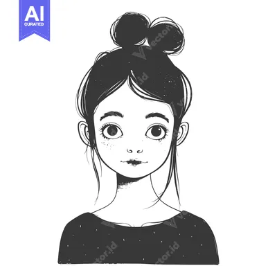 Aset premium populer: Black and White Line Drawing of a Young Woman with Buns