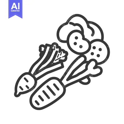 Black and White Line Drawing of Carrot, Radish and Broccoli Florets