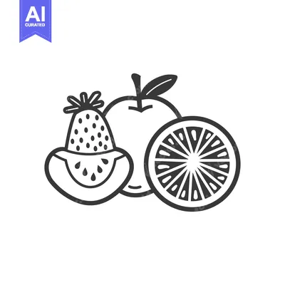 Popular premium asset: Black and White Line Drawing of Fruits - Apple, Strawberry, and Orange