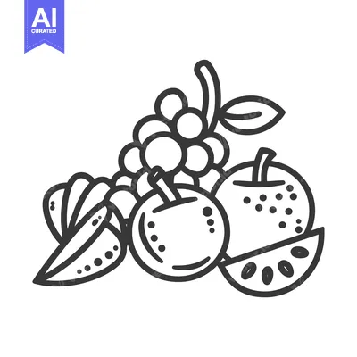 Aset desain premium: Black and White Line Drawing of Grapes, an Apple, and Watermelon