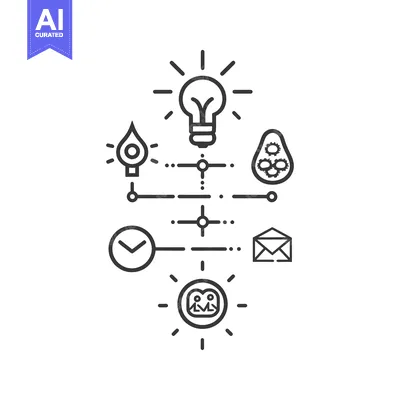 Aset premium populer: Black and White Line Drawing of Idea Concept with Light Bulb, Clock, E