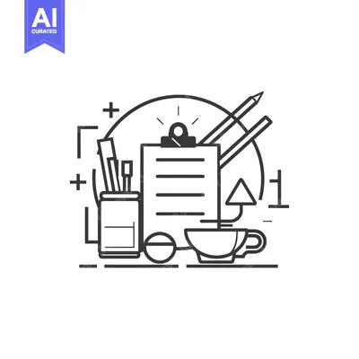 Aset desain premium: Black and white line drawing of office supplies and a cup of coffee
