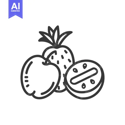 Aset premium populer: Black and white line drawing of pineapple, apple, and lime
