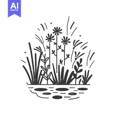 Premium design asset: Black and White Line Drawing of Plants and Water
