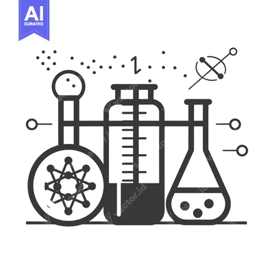 Popular premium asset: Black and White Line Drawing of Three Laboratory Flasks with a Molecul