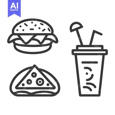 Aset desain premium: Black and White Line Drawings of a Burger, Pizza Slice, and a Drink