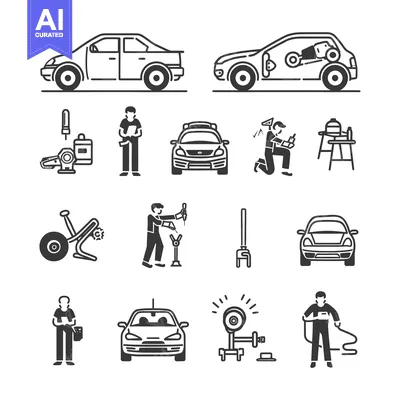 Black and White Line Drawings of Car Mechanics and Services