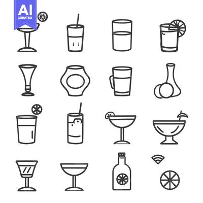 Aset premium populer: Black and White Line Drawings of Various Drinkware and Drinks