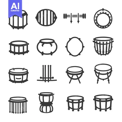 Aset desain premium: Black and White Line Drawings of Various Drum Types