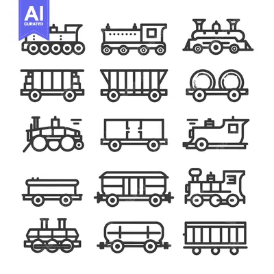 Popular premium asset: Black and White Line Drawings of Various Train Cars