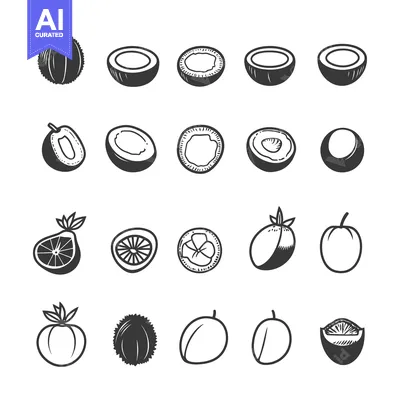 Premium design asset: Black and White Line Drawings of Whole and Cut Fruits