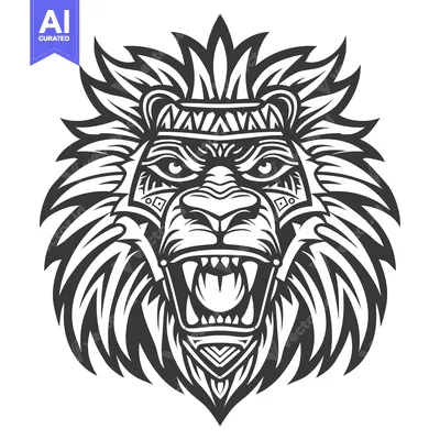 Aset premium populer: Black and White Lion Head with Tribal Design