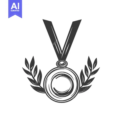 Aset desain premium: Black and White Medal with Ribbon and Laurel Wreaths