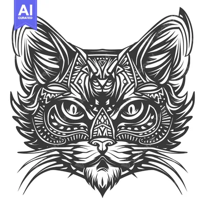 Aset premium populer: Black and White Ornamental Cat Head Illustration