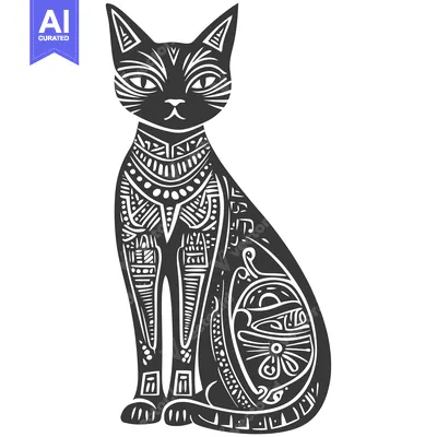 Aset desain premium: Black and White Ornamental Illustration of a Sitting Cat