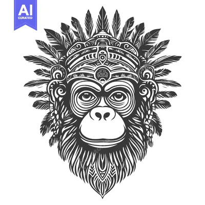 Aset desain premium: Black and White Ornamental Monkey Head with Feather Headdress