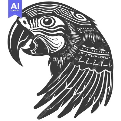 Aset premium populer: Black and White Ornamental Parrot Head with Spread Wing