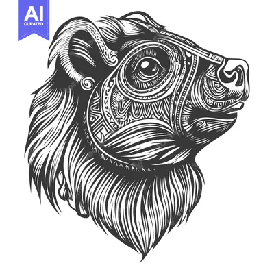 Premium design asset: Black and White Ornate Animal Head Profile