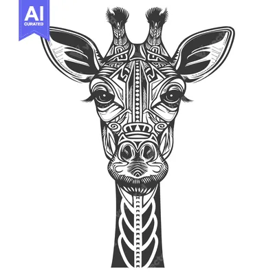 Aset desain premium: Black and White Ornate Giraffe Head Illustration