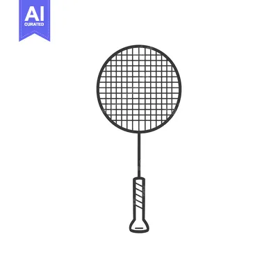 Aset desain premium: Black and white outline drawing of a badminton racket