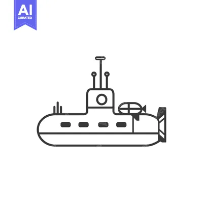Black and white outline drawing of a submarine