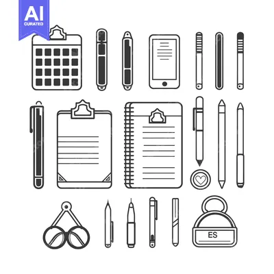 Popular premium asset: Black and White Outline Icons of Office Supplies
