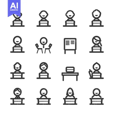 Aset premium populer: Black and White Outline Icons of People at Desks