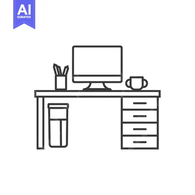 Premium design asset: Black and White Outline Illustration of a Desk with a Computer, Cup, P
