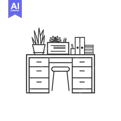 Aset desain premium: Black and white outline illustration of a desk with drawers, a stool,