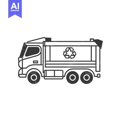 Popular premium asset: Black and white outline illustration of a garbage truck with a recycle